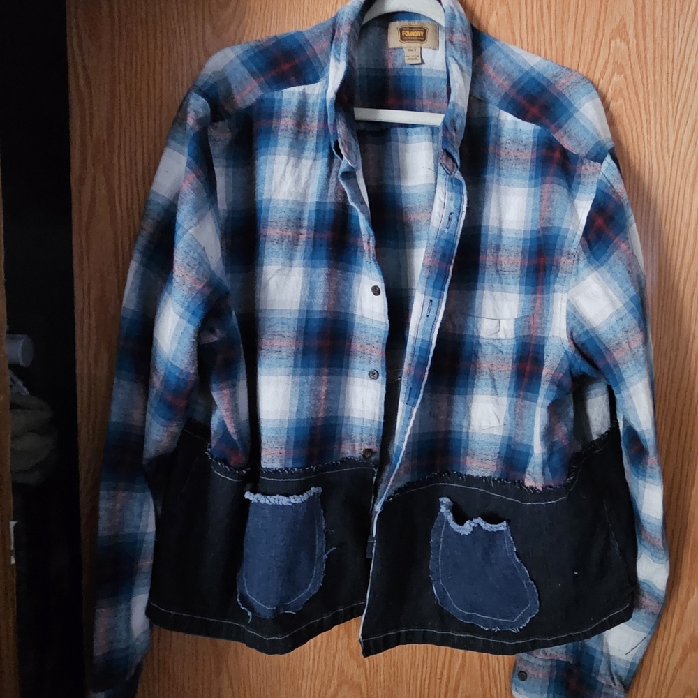 Blue and Red Plaid Flannel Shirt with Denim Accents Shacket XXL